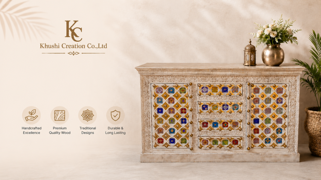 Khushi Creation Co., Ltd handcrafted wooden mosaic cabinet website banner showcasing premium artisan furniture with traditional carved details.