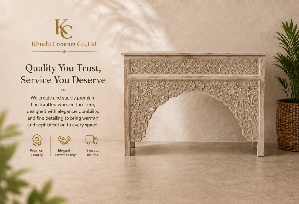 Elegant handcrafted wooden console table with intricate floral carvings displayed in a warm beige interior setting with luxury branding.