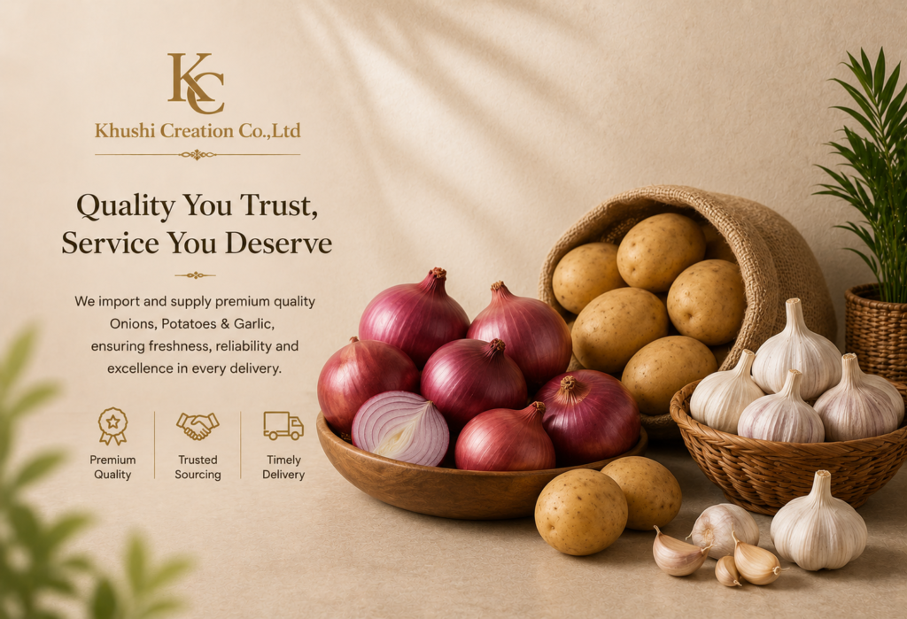 Fresh onions, potatoes, and garlic displayed in rustic baskets with elegant branding in a warm beige studio setting.