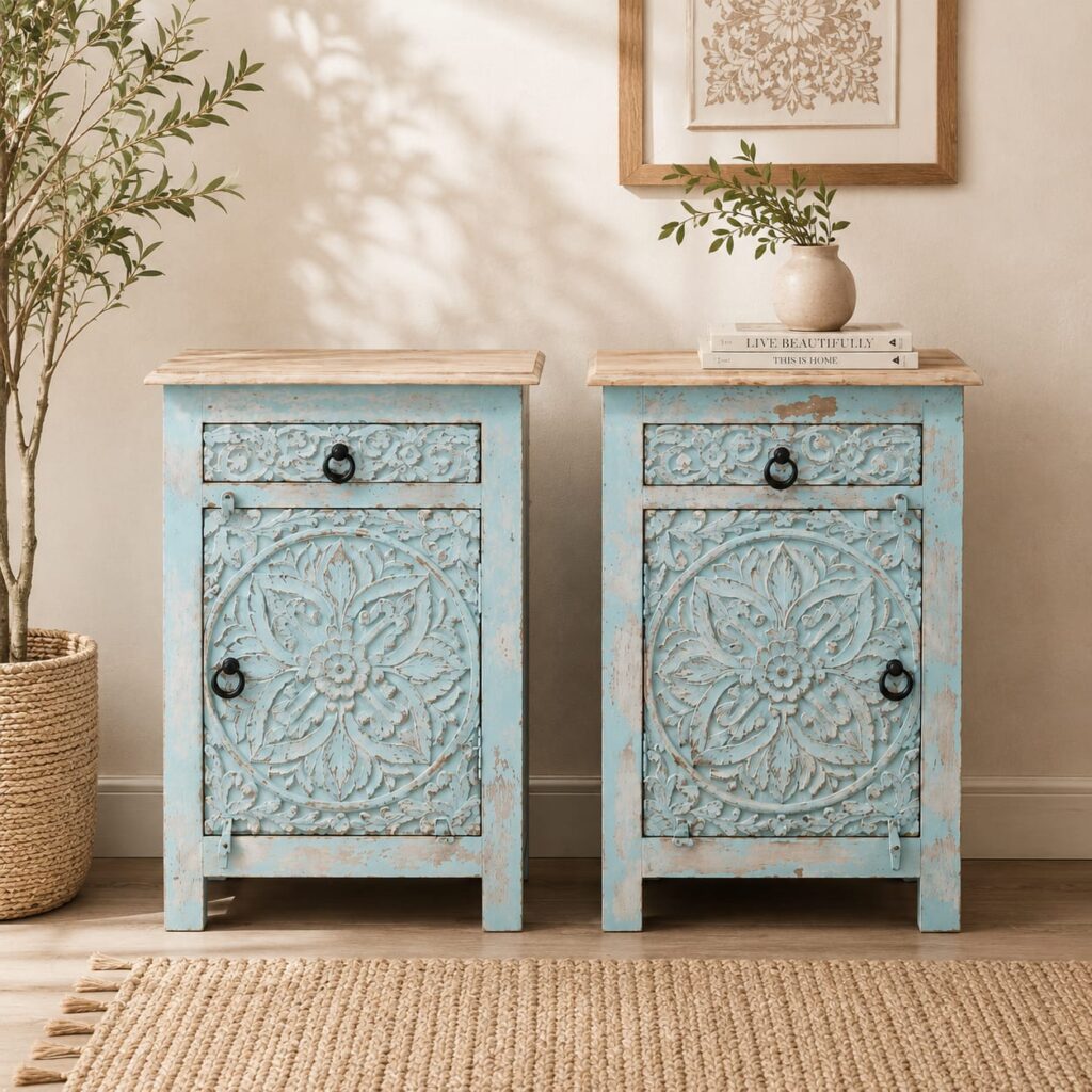 Pair of handcrafted turquoise carved nightstands styled in a cozy beige interior with decorative books, plants, and soft natural lighting.