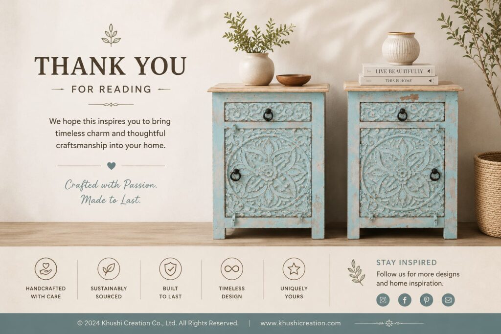 Thank you footer banner featuring handcrafted blue carved bedside cabinets in a warm neutral interior with elegant typography and lifestyle décor.