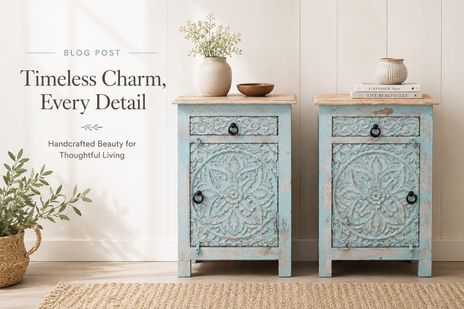 Two distressed turquoise blue handcrafted bedside cabinets with floral carved detailing styled in a warm neutral interior with plants and rustic décor.